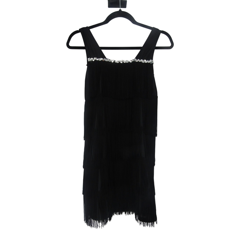 Flapper Fringe Dress Small Black Sequin Trim 1920s Gatsby Witchy Party Retro 20s